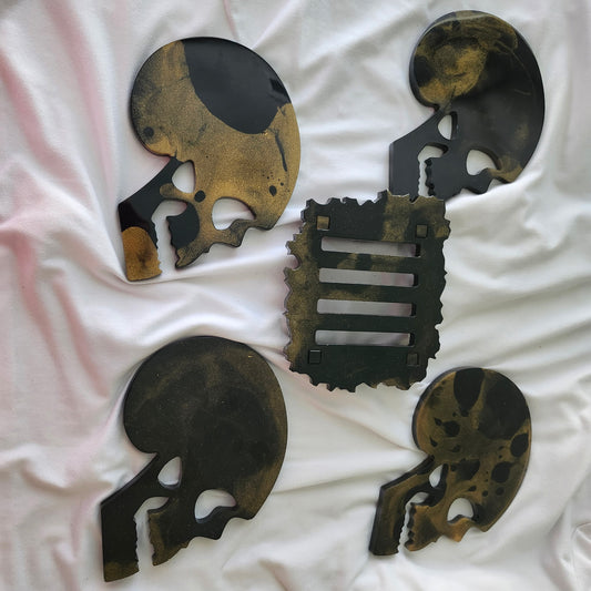 Skull Coaster Set - 5 Piece Black & Gold Resin Set